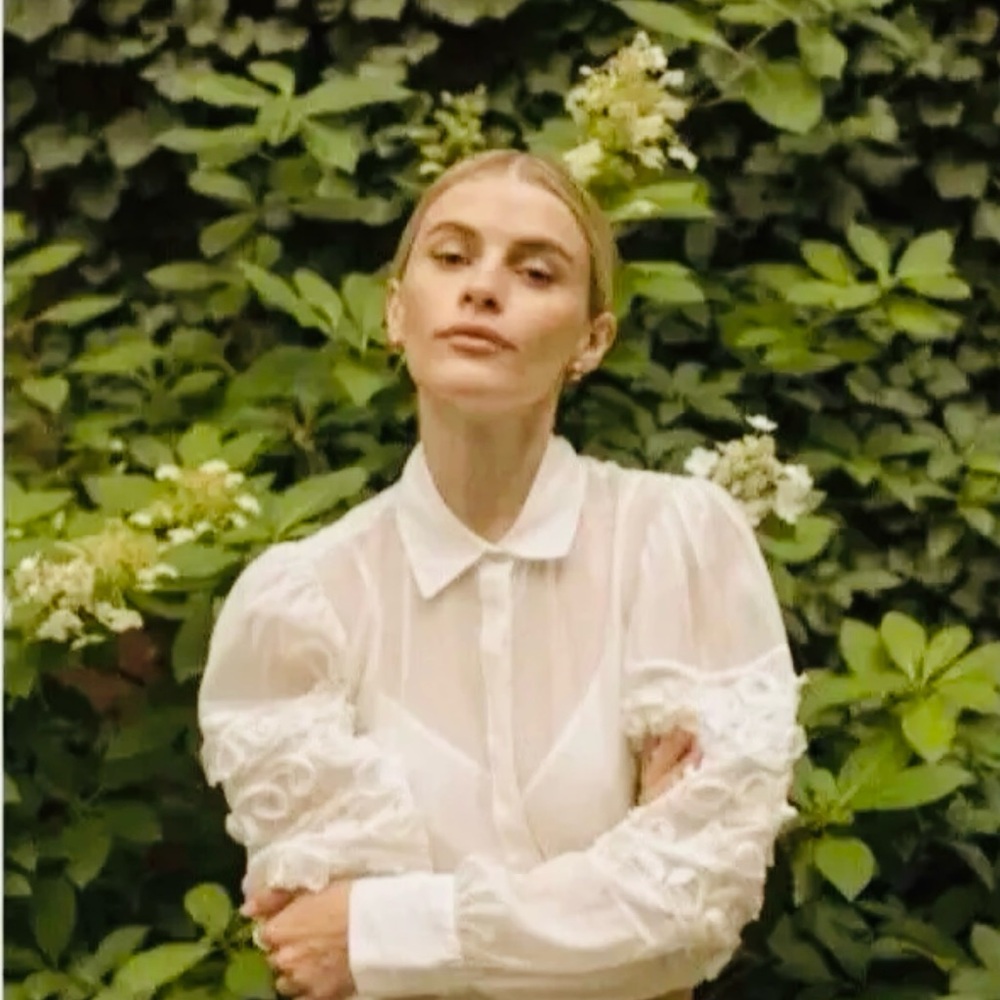 Rebecca Taylor White Blouse Top M I With Ribbon Trim Sleeves Romantic Victorian